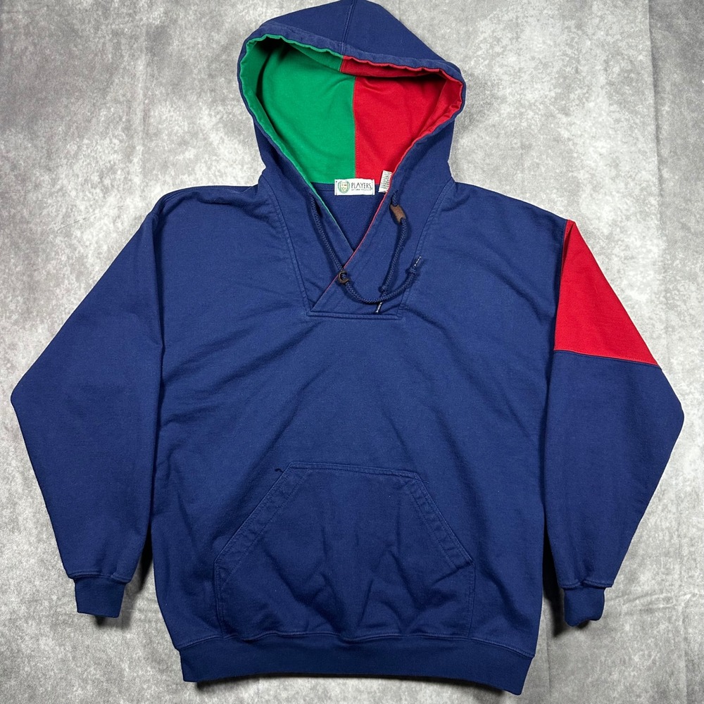 Vintage 90s Players by Van Heusen Colorblock Hoodie Navy Blue Red Green Mens L
